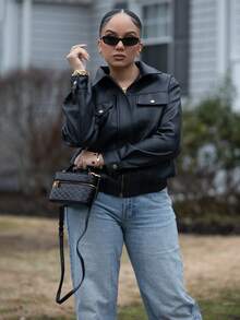 Melissa Matos 女士街头风格 PU 皮夹克，宽松长袖翻领 - 黑色 - 查看 4