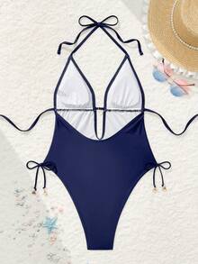 Swim Basics 夏季时尚纯色金色装饰连体泳衣，海滩度假热门之选 - 藍色 - 查看 2