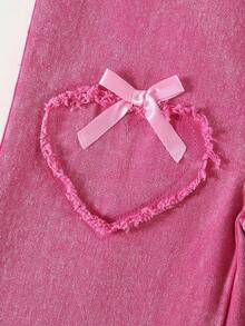 SHEIN Playful Pals 女童休闲牛仔背带裤，宽松直筒裤型，面料柔软舒适，适合春、夏、秋、冬四季穿着，有玫瑰红（带心形刺绣）和粉色（带蝴蝶结）两种款式可选。 - 玫紅色 - 查看 6