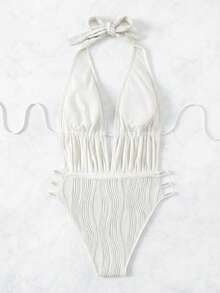 Swim SXY 女士纯色露背挂脖连体泳衣，适合海滩/度假，性感连体泳衣，夏季连体泳衣，女士泳装 - 白色 - 查看 5