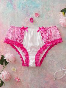 SHEIN Quần lót nữ màu hồng satin jacquard thêu nơ, họa tiết trái tim tương phản, viền bèo nhún, họa tiết hoa lãng mạn, thích hợp cho ngày Valentine. - Hồng - Xem 6