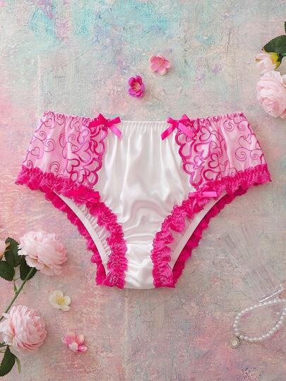 FloralLove Valentine's Day Pink Satin Jacquard Embroidered Bow Contrast Color Heart Embroidery Ruffle Trim Romantic Floral Women's Panties