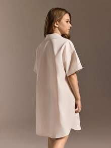 少女休闲校园风衬衫裙，宽松短袖学生街头时尚连衣裙 - 卡其色 - 查看 2