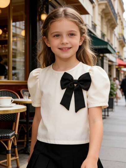 Young Girl Elegant Contrast Color Bow Decor Blouse