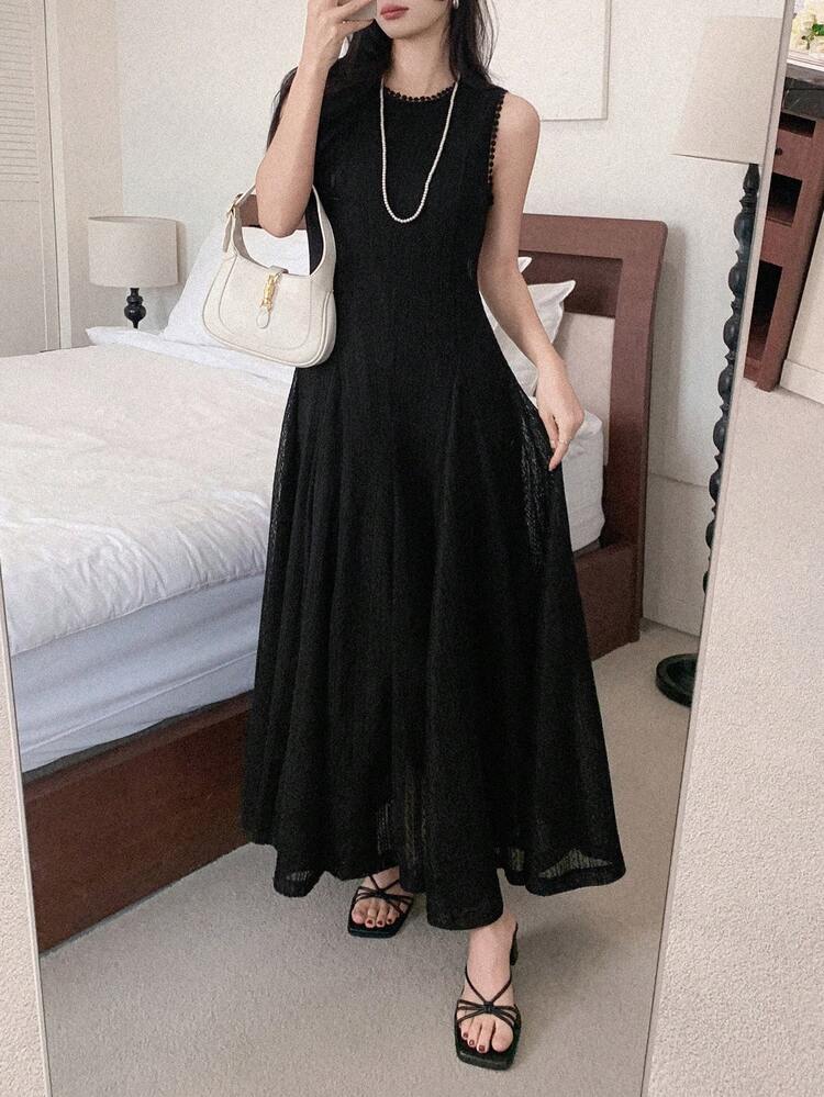 Women's Textured Fabric Waist Cinched Sleeveless Dress Sundress Cocktail Dress
