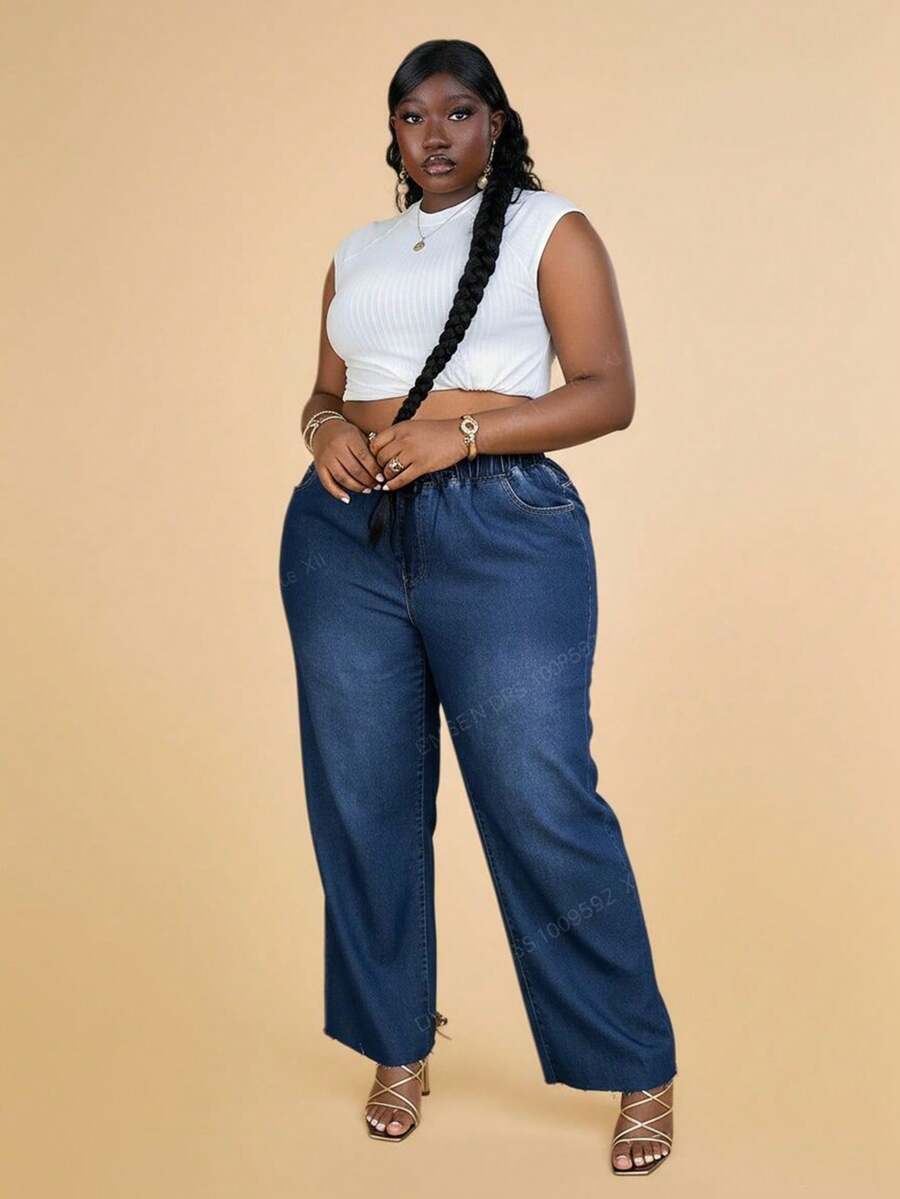 CurvyTilda Plus Drawstring Waist Wide Leg Jeans - Dark Wash - View 1