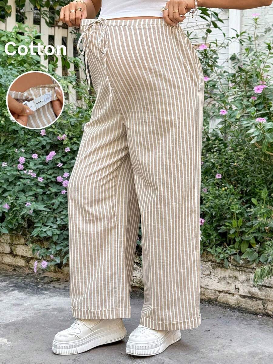 SHEIN Maternity Clothes Maternity Pants Summer Pregnant Clothes Apricot Striped Maternity Pants Maternity Knotted Striped Drawstring Wide Leg Casual Pants Vacation - Apricot - View 1