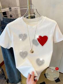 SHEIN LUNE 大码爱心印花短袖T恤，休闲夏季款 - 白色 - 查看 1