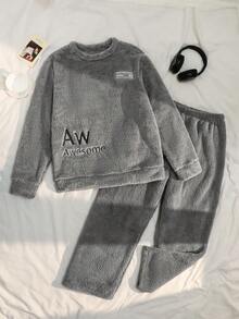 Manfinity Underwear&Sleepwear Basics Men's Plus Size Thickened Coral Fleece Crew Neck Long Sleeve Pajama Set, Autumn/Winter - رمادي - مشاهدة 1