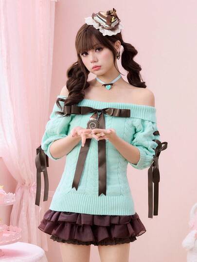 ROMWE Kawaii 可爱单肩蝴蝶结修身女式毛衣