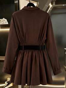 SHEIN Rosurelle Brown Solid Color Waist Cinched Dress/Vintage Shirt Style Slim Fit Skirt, Elegant & Fashionable For Commuting, Spring & Autumn Elf - Coffee Brown - View 2