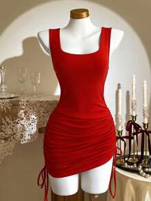 Chiquease 女士纯色抽象褶皱修身无袖连衣裙 - 紅色 - 查看 5