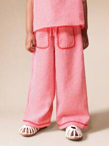 SUMWON 女童格纹背心阔腿裤两件套套装，饰有锯齿花边，夏季服装 - 紅色 - 查看 4