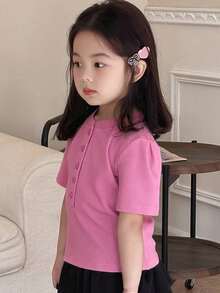 DAZY 女童针织短袖休闲T恤，少女秋季服装 - 粉色 - 查看 4