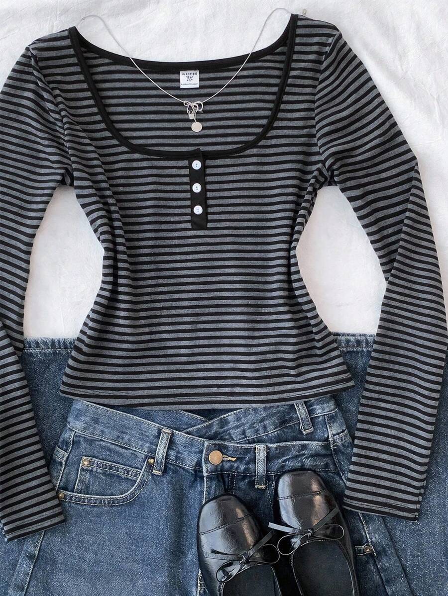 Áo khoác cardigan cổ tròn kẻ sọc tay dài dành cho nữ tuổi teen, phong cách thường ngày, đa năng, thích hợp cho mùa thu/đông. - Xám - Xem 1