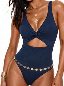 Swim Basics 1 bộ đồ bơi một mảnh hở vai gợi cảm màu xanh navy cho nữ đi biển - Màu xanh hải quân - Xem 3
