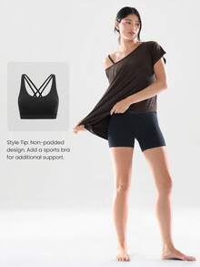 GLOWMODE 莫代尔丝滑柔顺不对称下摆露肩七分袖运动T恤，日常休闲穿着 - 棕色 - 查看 6