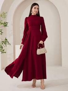 Veilorie 女士纯色立领灯笼袖优雅阿拉伯连衣裙 - 酒紅色 - 查看 4