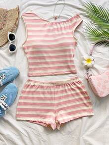 Soleia 女士春夏度假两件套：红白条纹针织不对称露肩短款上衣和超低腰紧身短裤，适合派对、圣诞节、情人节、约会、海滩、邮轮、嘉年华、复活节、中国新年等场合。 - 彩色 - 查看 3