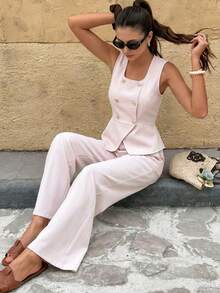 少女米色双排扣方领无袖露脐上衣+阔腿裤两件套，轻盈职场风西式时尚 - 白色 - 查看 9