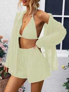 Breezaya Bộ 3 món áo dài tay phối lưới phía trước dành cho nữ - màu xanh lá - Xem 3