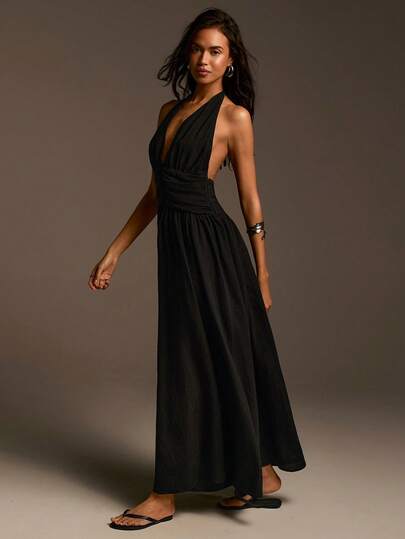 Athîral 女士休闲度假V领长连衣裙，黑色