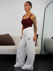 SAYEHFBABY 女士休闲日常通勤运动字母抽绳腰部前缝宽松阔腿裤 - 白色 - 查看 6