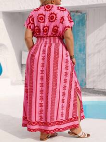 Vivid Eden Plus Size Deep V-Neck Allover Print Casual Vacation Short Sleeve Maxi Dress,Pink Summer Boho Holiday Vacation Holiday Beach Outfits For Women Curve - Pink - View 4