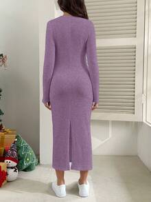 SHEIN Solid Color V-Neck Twist Knot Long Sleeve Bodycon Split Maternity Dress - Purple - View 2