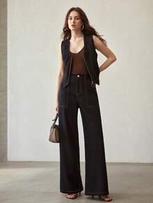 MOTF PREMIUM 撞色缝线拉链牛仔背心 - 深色水洗藍 - 查看 3