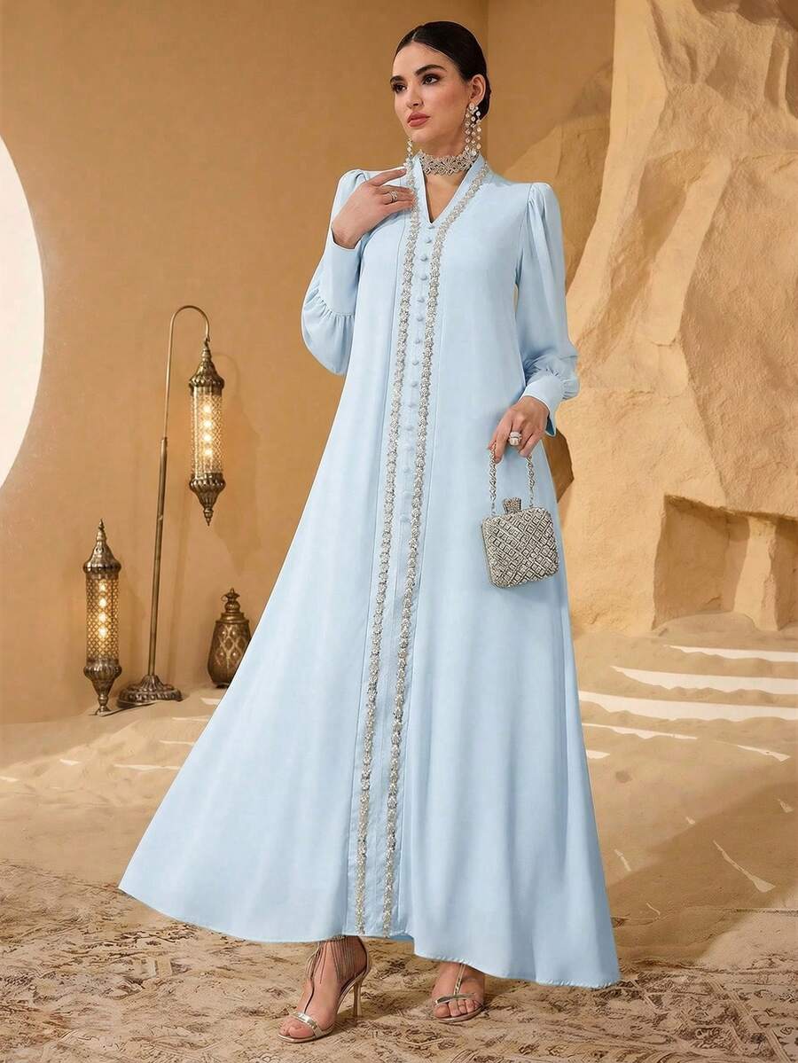 SHEIN Najma Elegant Floral Lace Patchwork Women Simple Fashionable Young Dress - Baby Blue - View 1