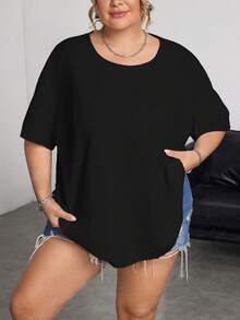 SHEIN CURVE+ 3pcs/Set Plus Size Summer Loose Fit Crew Neck Versatile Short Sleeve T-Shirts In White, Black And Gray,Curve Plus ,Hoho Vacation, Summer Tops - Black - View 4