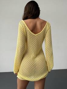 RiviMae Sexy V-Neck Tie-Up Hollow-Out Knitted Long Sleeve Beach Dress - Yellow - View 2