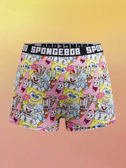 SpongeBob SquarePants | SHEIN 女士趣味卡通图案撞色字母腰带平角短裤