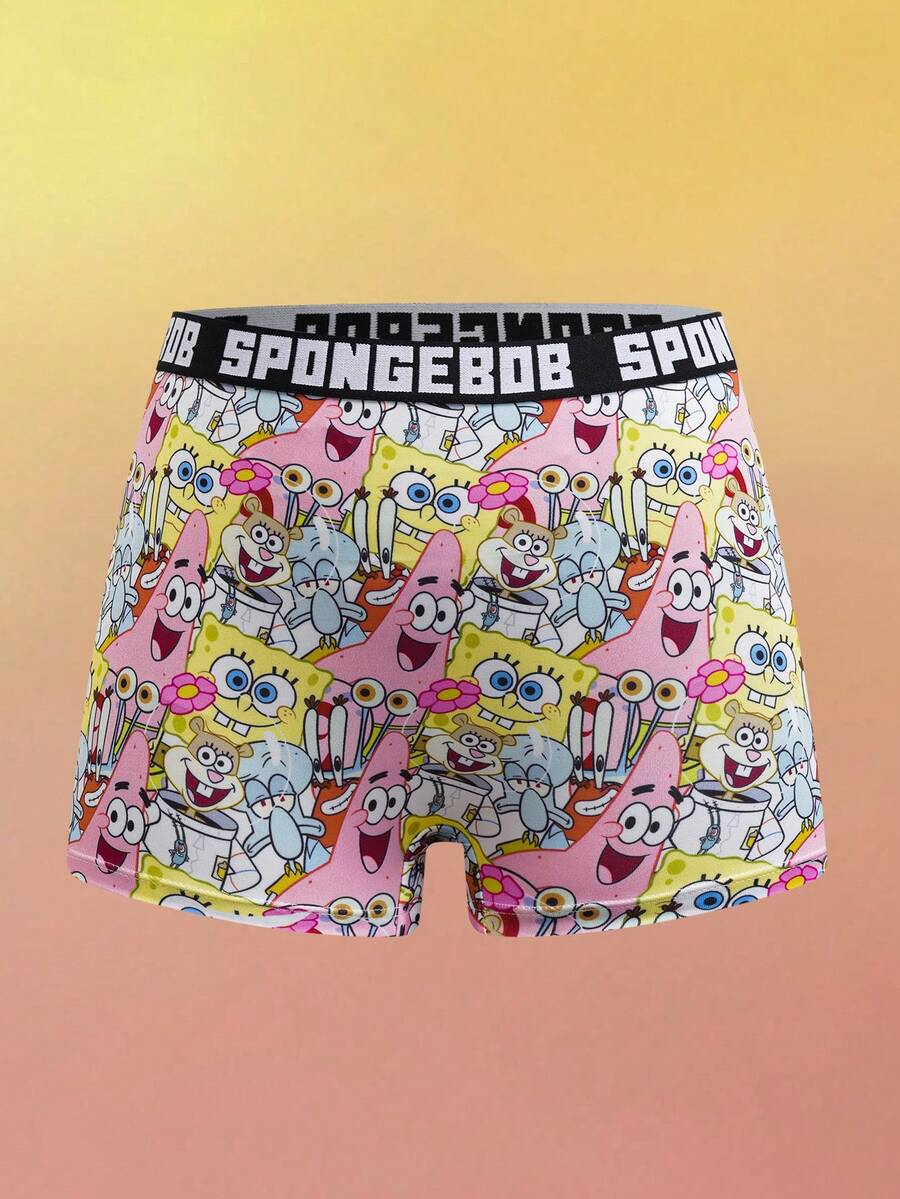 SpongeBob SquarePants | SHEIN 女士趣味卡通图案撞色字母腰带平角短裤 - 彩色 - 查看 1