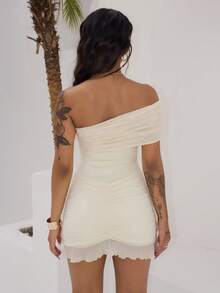 Rayane Ketlyn Bodycon Asymmetrical Mesh Off Shoulder Mini Dress - Apricot - View 2