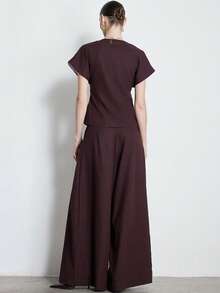 Aveloria Modichic Women's Solid Color Metal Single Button Short Sleeve Top And Wide Leg Pants Casual 2 Pieces Set - Chocolate Brown - View 3