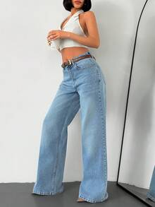 SHEIN 90年代蓝色高腰直筒牛仔裤 - 淺色水洗藍 - 查看 1