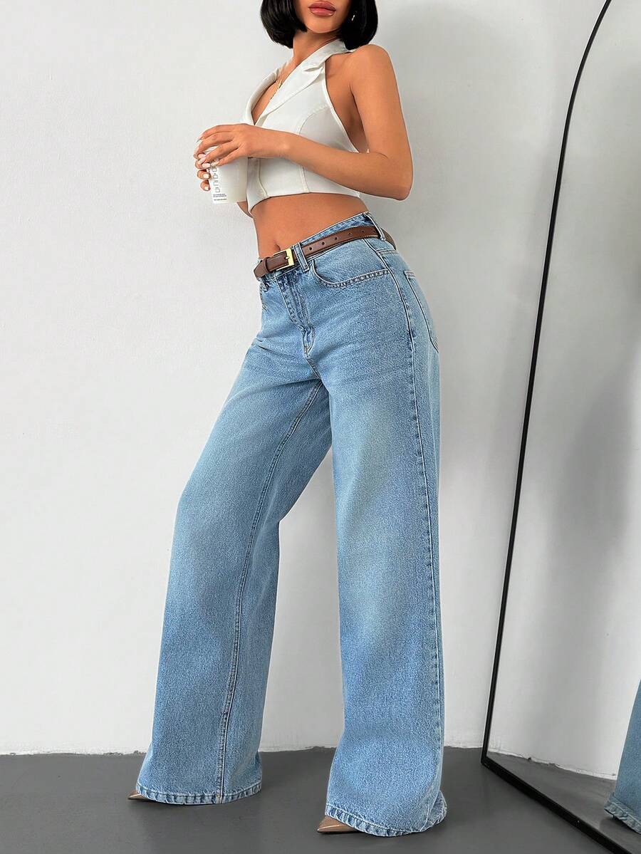 SHEIN 90年代蓝色高腰直筒牛仔裤 - 淺色水洗藍 - 查看 1