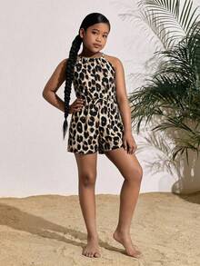 SHEIN SLAYR KIDS Tween Girls Ditsy Floral Halter Neck Sleeveless Casual Romper, Vacation Style, Fashionable French Elegance, Back To School - Multicolor - View 5