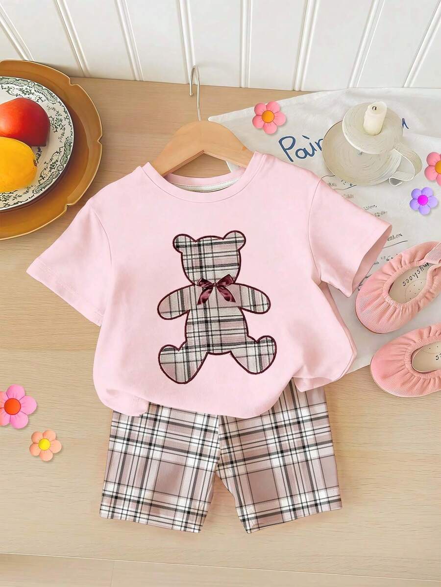 SHEIN 女婴休闲圆领短袖T恤和打底裤两件套，可爱粉色小熊印花，时尚甜美 - 彩色 - 查看 1