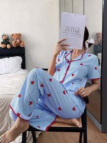 Napfluff Conjunto de pijama de mujer con cárdigan de manga corta y pantalones con estampado de corazones a rayas y efecto arrugado - Azul - Ver 4