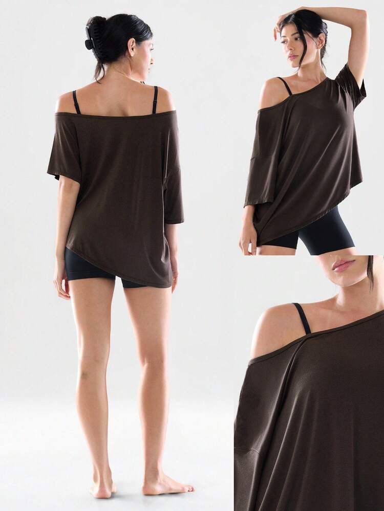 Modal Silky Smooth Asymmetrical Hem Off-Shoulder 3/4 Sleeve Active Tee T-Shirt Daily Casual Wear