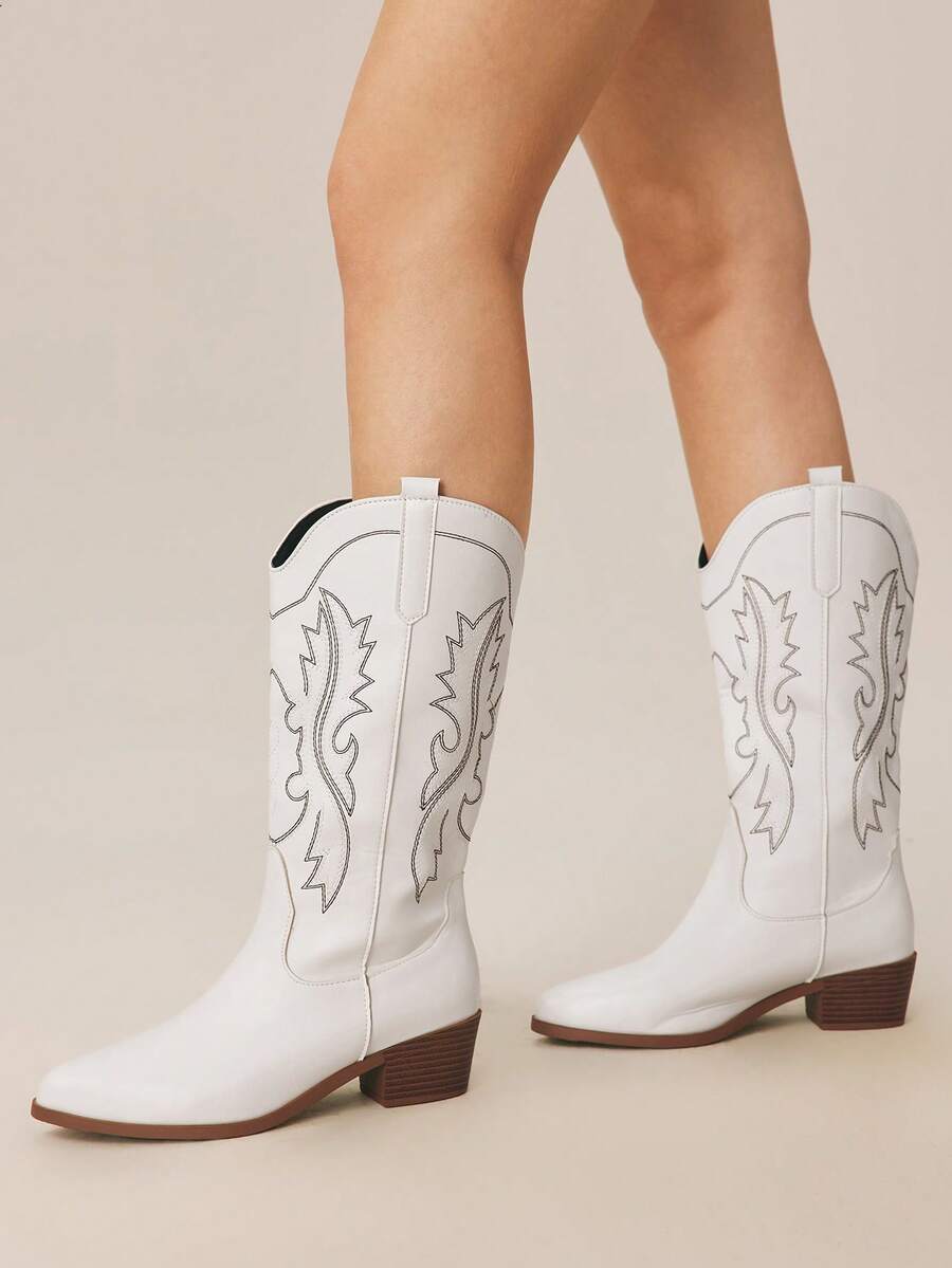Styleloop Giày bốt nữ kiểu miền Tây thêu họa tiết mới, bốt đế cao thêu cá tính, phong cách Bohemian, retro Mỹ, phù hợp cho các lễ hội âm nhạc miền Tây, tiệc tùng, Giáng sinh, Halloween và các dịp khác, cũng như trang phục dự lễ hội âm nhạc Coachella. - Màu trắng 3 - Xem 1