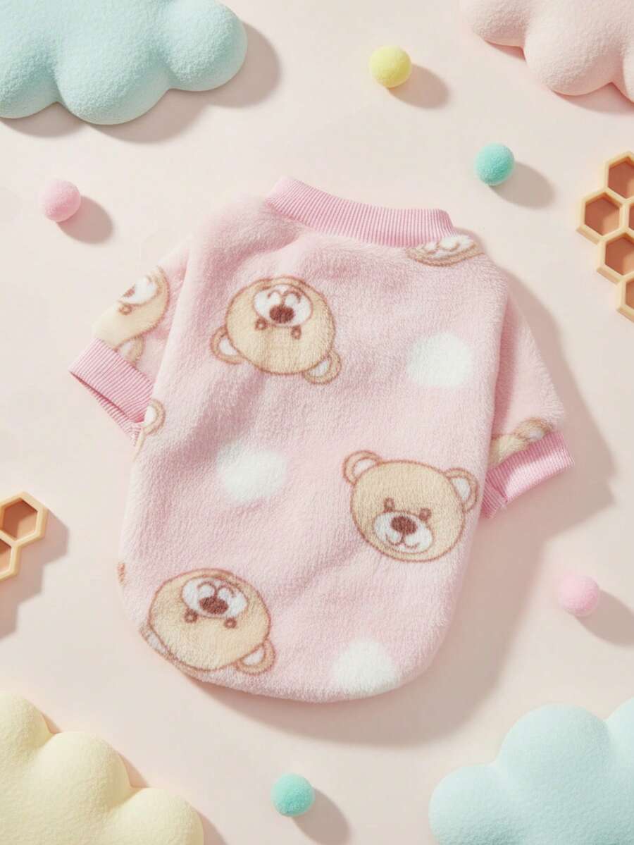 PETSIN 1 Pc Pet Fleece Sweatshirt With Pink Bear Print, Warm Pet Clothing - Multicolor - View 1