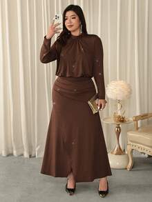 Firerie Elegant Coffee Brown Plus Size Maxi Dress For Women With Ruched Round Neck And Long Sleeves Knitted A-Line Wrap Hem - Coffee Brown - View 7