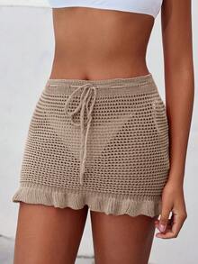 Swim Vcay Women's Hollow Out Crochet Ruffled Hem Beach Cover Up Skirt - Khaki - View 3