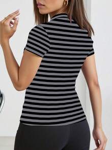 INAWLY Solva Camiseta de mujer casual con media cartera con cremallera y estampado de rayas - Multicolor - Ver 2
