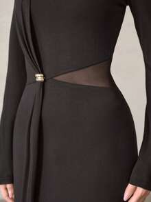 MOTF PREMIUM WOMEN'S MESH PATCHWORK DRESS WITH FLOWY RIBBONS - Black - View 2