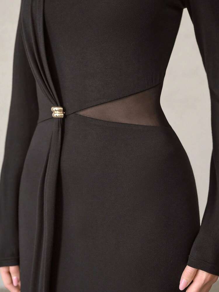 WOMEN'S MESH PATCHWORK DRESS WITH FLOWY RIBBONS